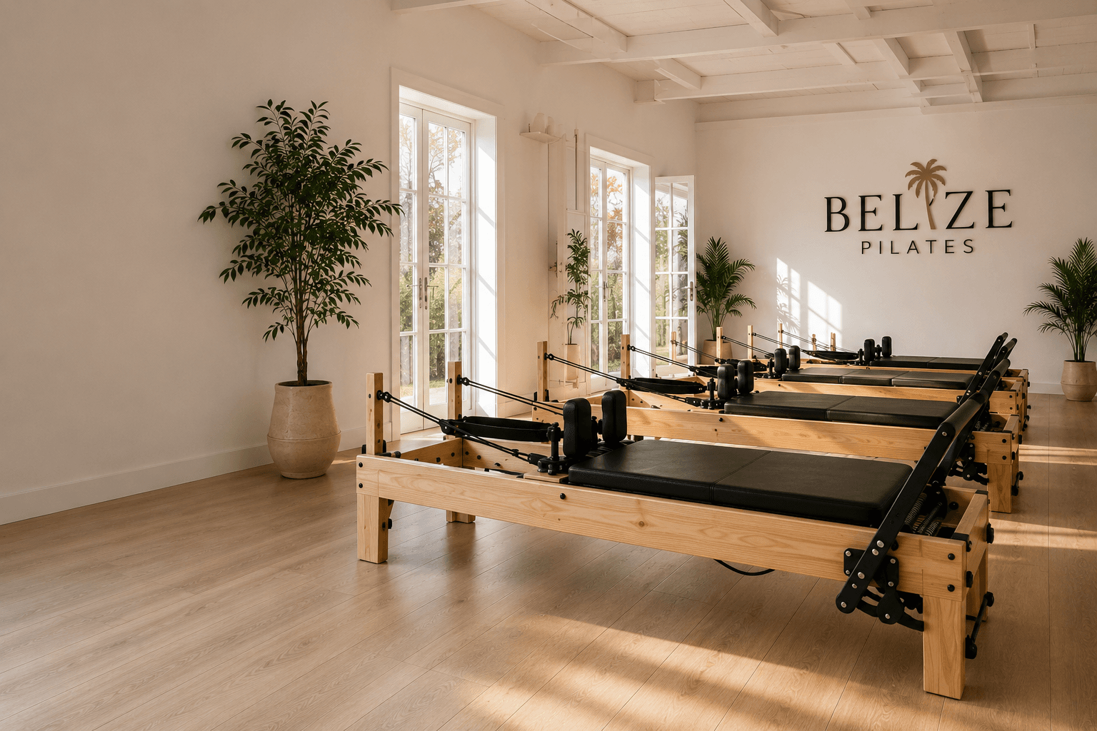 Belize Pilates reformer studio — bright, airy space with wooden reformers